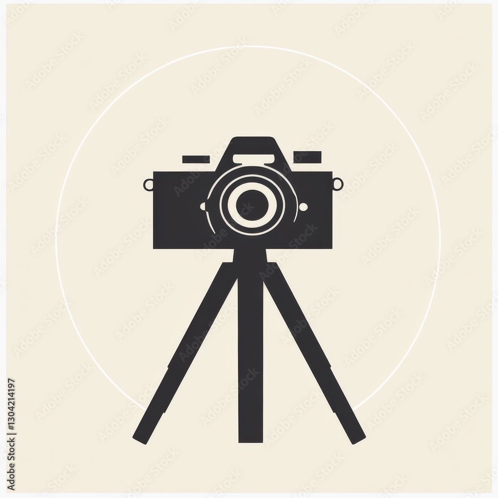 Poster elegant black camera icon on tripod with a circular frame, perfect for photography branding.