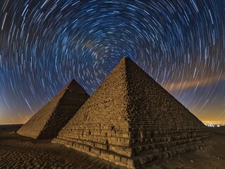 Mesmerizing time-lapse of the Milky Way arcing over a stone desert with pyramids, star trails elegantly rotating around the ancient architecture, captured with a 30-second exposure