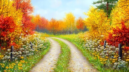 Naklejka premium Autumnal Road Winding Through Colorful Forest