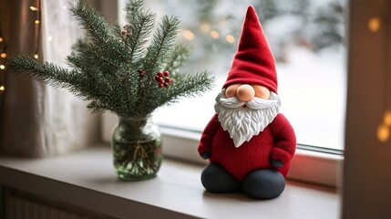 Fototapeta premium Christmas Gnome Decorated on Windowsill