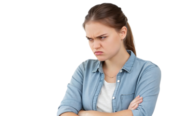 Woman with a blue shirt and white shirt. On transparent background. Png