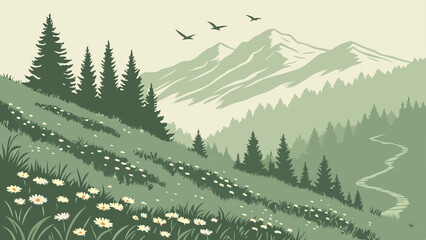 Fototapeta premium A peaceful hillside covered in a carpet of fresh wildflowers, with mist gently rising in the early morning. Snowy peaks loom in the distance