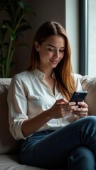 Young Freelance Businesswoman Working Remotely on Mobile Phone at Home. Perfect for business, remote work, and lifestyle visuals