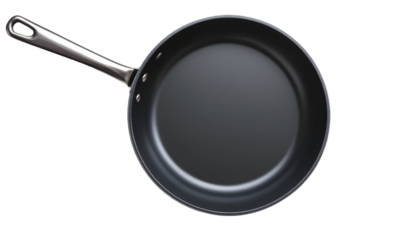 Black frying pan with a silver handle transparent background, PNG. Great for kitchenware designs, culinary blogs, cooking tutorials, recipe books, and household articles.