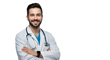 Smiling doctor in white coat with stethoscope, suitable for medical websites, healthcare promotions, and medical literature covers.
