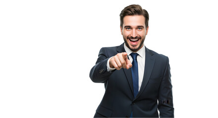 Confident man in a suit gestures towards viewer transparent background, PNG. Eyecatching for business presentations, marketing materials, and motivational content. Engaging and impactful.
