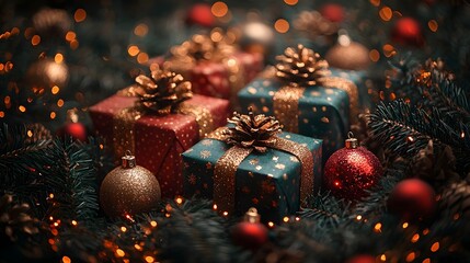 Dazzling Pile of Glowing Holiday Gift Boxes with Pine Branches and Ornaments