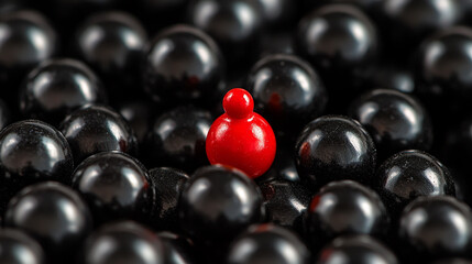 Single Red Sphere Standing Out Among Black Spheres for Unique and Individuality Concept
