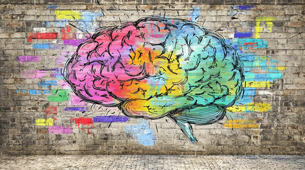 Colorful Brain Graffiti on Urban Brick Wall - Artistic Street Art Concept