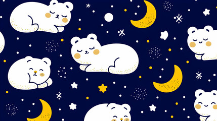 Cute Polar Bears Sleeping Under Stars with Moon and Clouds Background