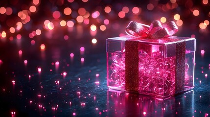 Glowing Transparent Gift Box Revealing Sparkling Jewels Inside with Holographic Ribbon on Reflective Surface  Gift Box Concept