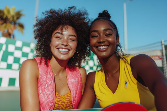 Two happy multi ethnic young women smiling during a ping pong match