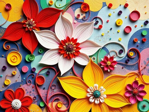 Generative A.I. crafts a vibrant floral masterpiece with intricate paper-like textures, bold colors, and swirling patterns, creating a mesmerizing fusion of art, nature, and creativity