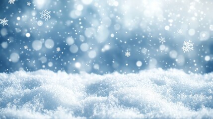 Fototapeta premium Glistening snowflakes falling on pristine snowy landscape in winter wonderland