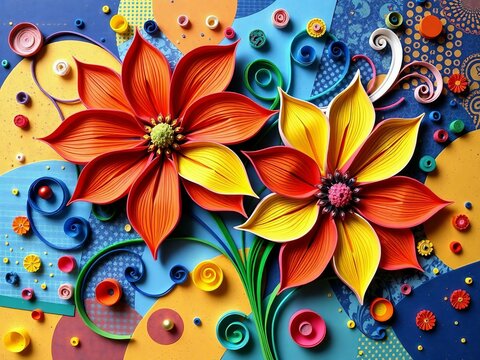 Generative A.I. crafts a vibrant floral masterpiece with intricate paper-like textures, bold colors, and swirling patterns, creating a mesmerizing fusion of art, nature, and creativity