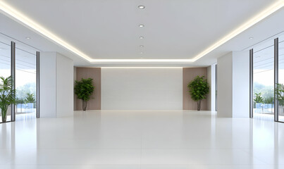 Fototapeta premium Modern Minimalist Interior Design with Large Windows and Greenery
