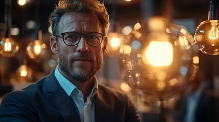 Focused Businessman with a Vision, illuminated by lightbulb idea concept