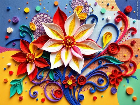 Generative A.I. crafts a vibrant floral masterpiece with intricate paper-like textures, bold colors, and swirling patterns, creating a mesmerizing fusion of art, nature, and creativity