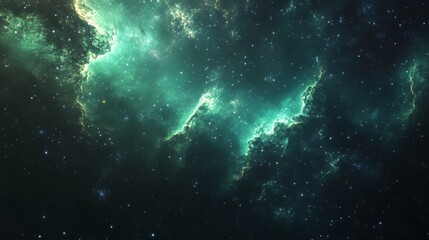 Vibrant green nebula surrounding distant stars in deep space