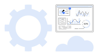 Gear icon and cloud with digital dashboard displaying charts, graphs, and analytics. Ideal for business, cloud computing, data analysis, technology, automation management and IT strategy. Flat