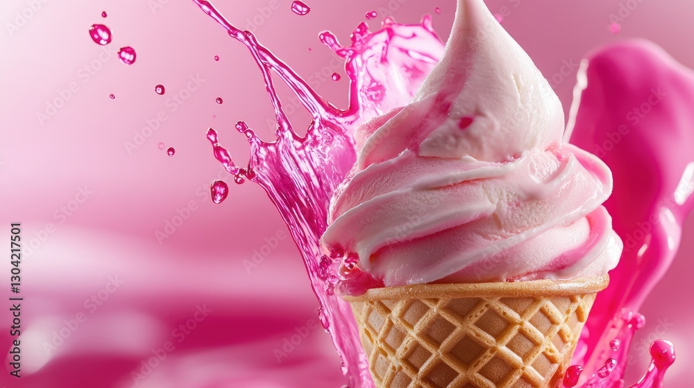 Poster a delicious ice cream cone with a vibrant splash of pink liquid, capturing motion and creativity, su