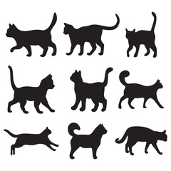 Set of cats silhouette in different poses vector illustration on the white background. Hand drawn black cats isolated on white background. A Majestic Collection of Feline Elegance in Motion
