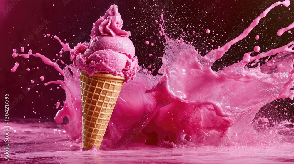Poster a delicious ice cream cone with a vibrant splash of pink liquid, capturing motion and creativity, su