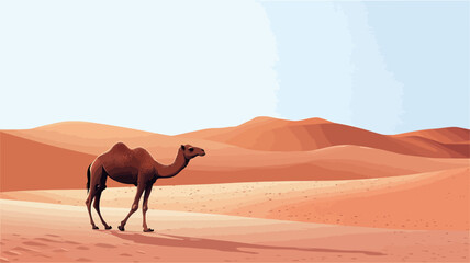 The image depicts a single dromedary camel standing in a vast desert landscape. The camel is positioned slightly off-center, facing right.&nbsp;The color palette is dominated by warm tones of
