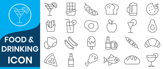 Food and Drink Line  Icons set. Vector illustration in thin line style of nutrition related icons: vegetables, fruits, desserts, meat, baked goods, drinks, and more.  Food and drinks black icons. 