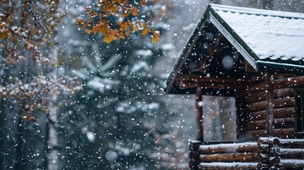 Naklejka premium Cozy winter cabin with snowflakes gently falling. 