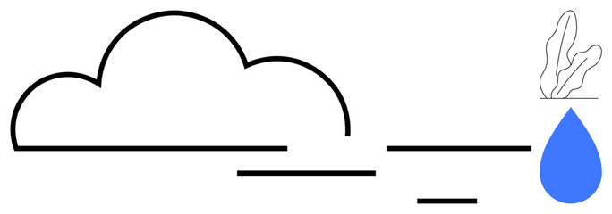 Black-outlined cloud connected to blue water droplet and steaming flask, representing condensation and water cycle. Ideal for sustainability, weather, environment, education, climate change