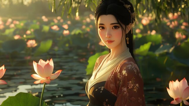 Beautiful Asian Woman Amidst Blooming Lotus Flowers