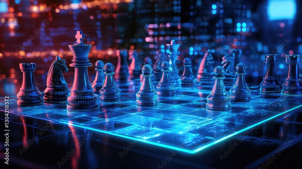 Aufkleber a digital chessboard with high-tech, glowing chess pieces in a futuristic setting, evoking a sense o