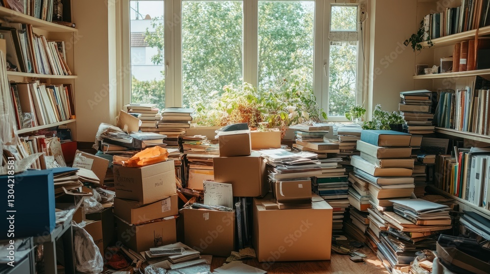 Poster a disorganized space filled with stacks of books and scattered cardboard boxes, highlighting the cha