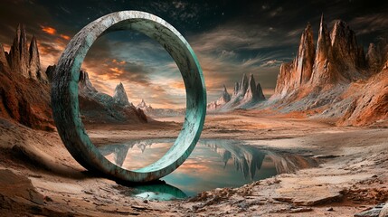 Fototapeta premium Surreal Desert Landscape with Teal Stone Ring and Dramatic Sunset