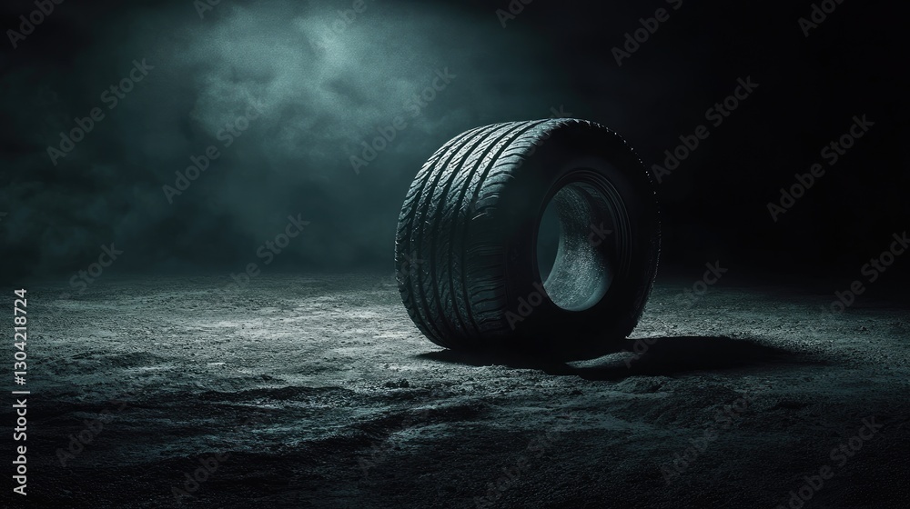 Poster a dramatic shot of an illuminated tire casting soft shadows on a dark surface, with striking contras