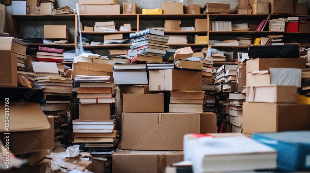 Poster a disorganized space filled with stacks of books and scattered cardboard boxes, highlighting the cha
