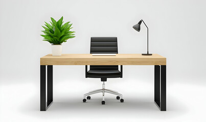 Modern Office Workspace with Desk, Chair, Plant, and Lamp