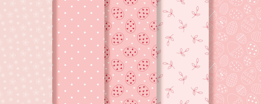 Delicate pink easter pattern set. Background with eggs, flowers, branches, dots and hearts. Cute kid print for textile, packaging, paper, decor, vector graphics