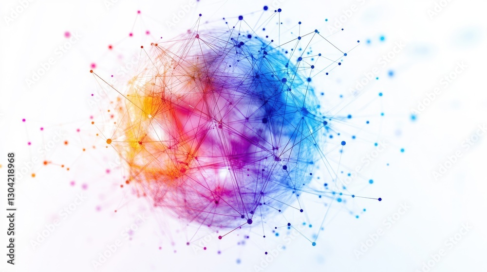 Poster A dynamic abstract network sphere, with colorful connections and nodes on a clean white background, evoking concepts of communication and connectivity