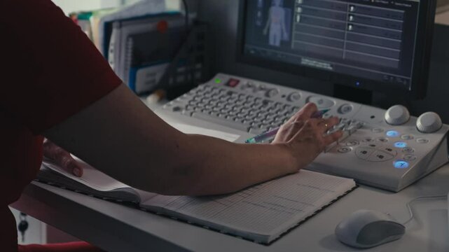 A healthcare professional organizes documents and prepares for a CT scan procedure in a medical office. The space is equipped with scanning technology and necessary paperwork for patient care.