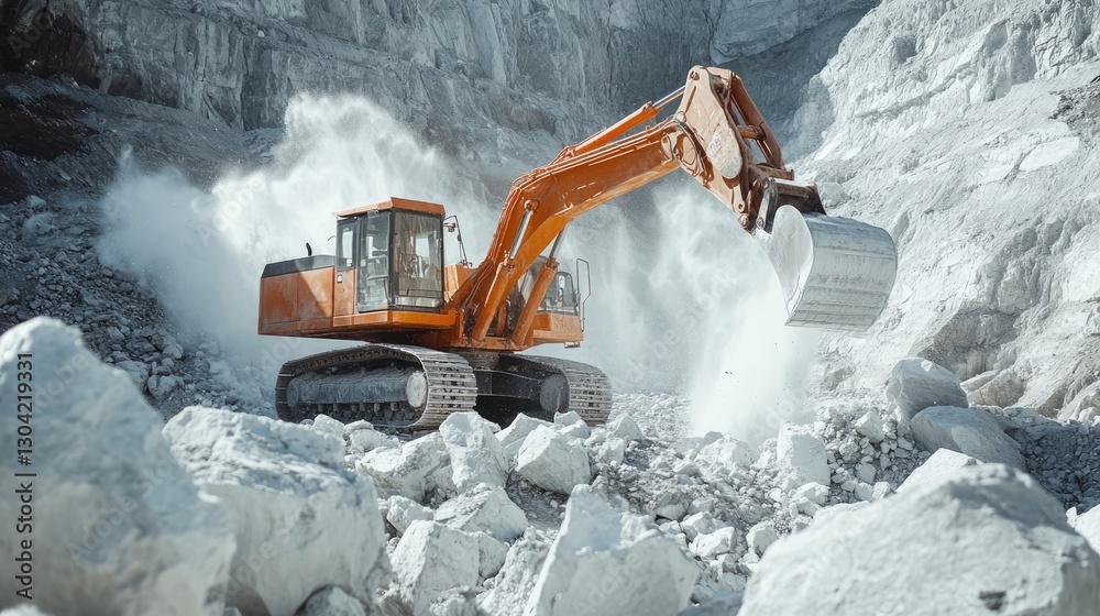 Poster a dynamic shot of an orange construction vehicle in motion, breaking large white rocks in a quarry, 