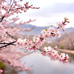spring landscape featuring cherry blossoms in full bloom.