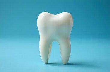 A model of a healthy white tooth on a blue background. A place to copy. A web-based dental care and whitening line, dental treatment, tooth extraction, and the concept of implantation.