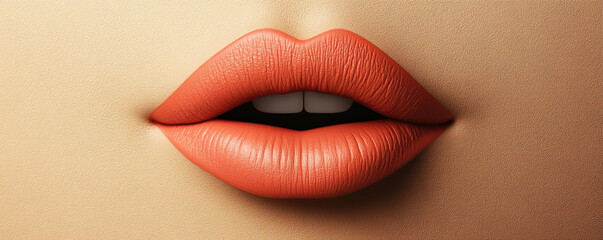 Obraz premium Radiant peach toned lips with smooth texture, showcasing beauty and elegance. close up highlights natural contours and shine, evoking sense of allure and sophistication