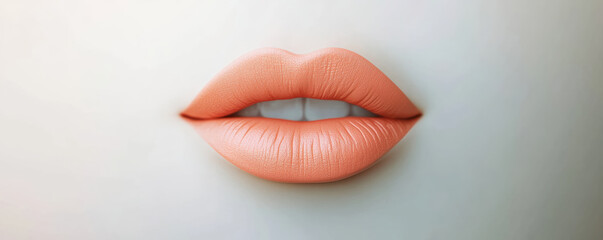 Obraz premium Beautiful lips with soft peach lipstick, glowing softly against neutral background, showcasing smooth and elegant appearance