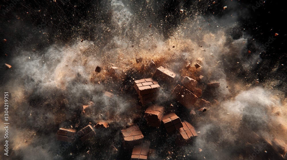 Aufkleber a forceful explosion of bricks, sending dust and debris into the air, captured with great artistic i