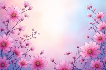 Fototapeta premium Delicate Pink Cosmos Floral Border Design for Backgrounds