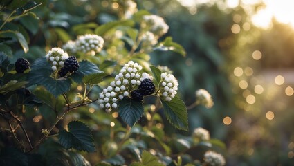 Blossoming blackberries glimmer in golden sunlight during late afternoon hours in a lush garden setting