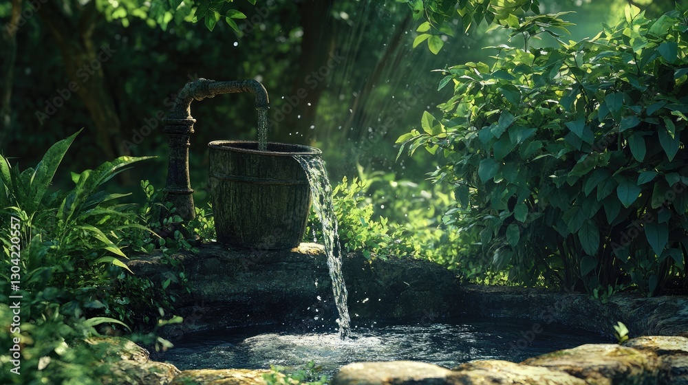 Aufkleber a gentle stream of water flows from a garden faucet into an aged bucket, surrounded by lush greenery